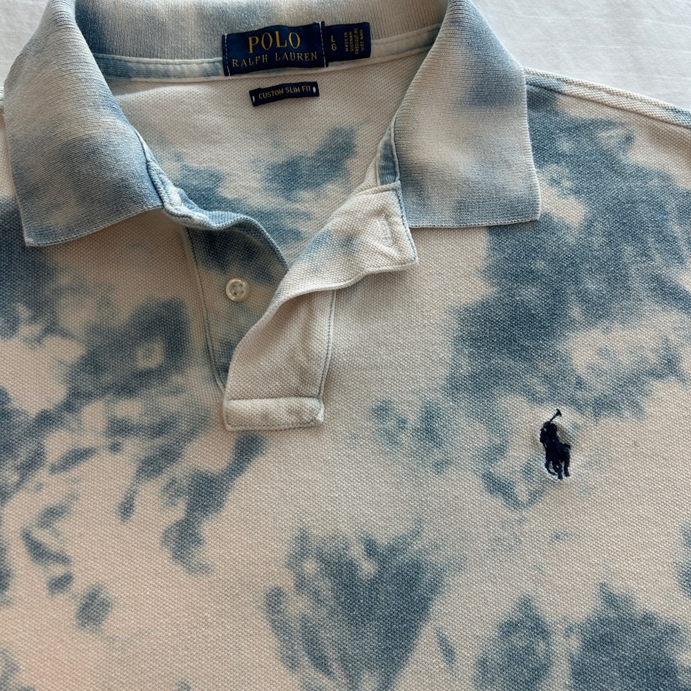 Polo Ralph Lauren Polo Shirt Mens Large White Blue Tie Dye Batik Slim Fit - Picture 8 of 10